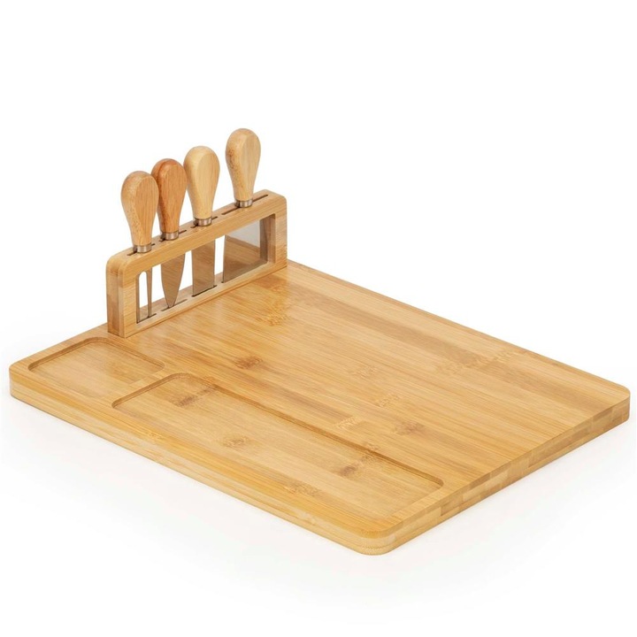Set servire branzeturi cu platou din bambus si accesorii, 35x28x8 cm, natural bambus/silver