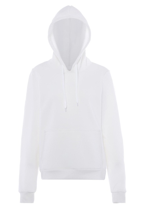 CALEY női kapucnis pulóver, fehér, 100% poliészter anyag, kapucnival és kenguru zsebbel, XS INTL