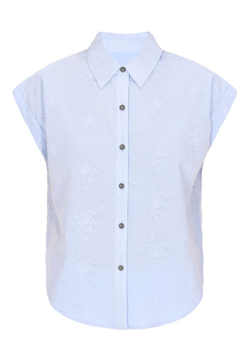 Bluza dama CALEY, albastru, 100% bumbac, guler clasic, maneci bufante, L INTL