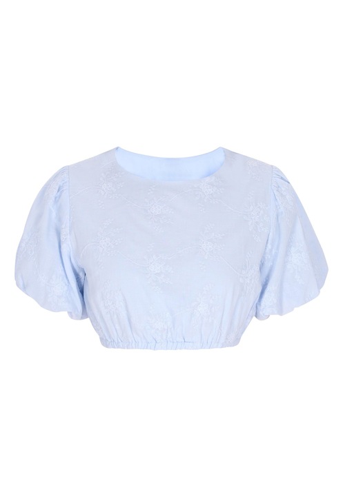 Bluza dama CALEY, scurta, albastra, 100% bumbac, cu broderii florale si volane, XS INTL