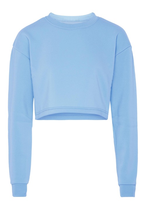 Női CALEY kapucnis pulóver, rövid, kék, puha anyag, laza szabás, XS INTL