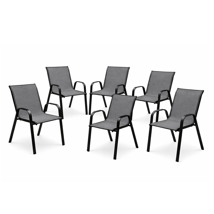Set 6 Scaune Kiwari® Lago, 55.5 x 72.5 x 92.5 cm, Suprapozabil, Greutate maxima 110 kg, Gradina/Terasa/Balcon, Gri