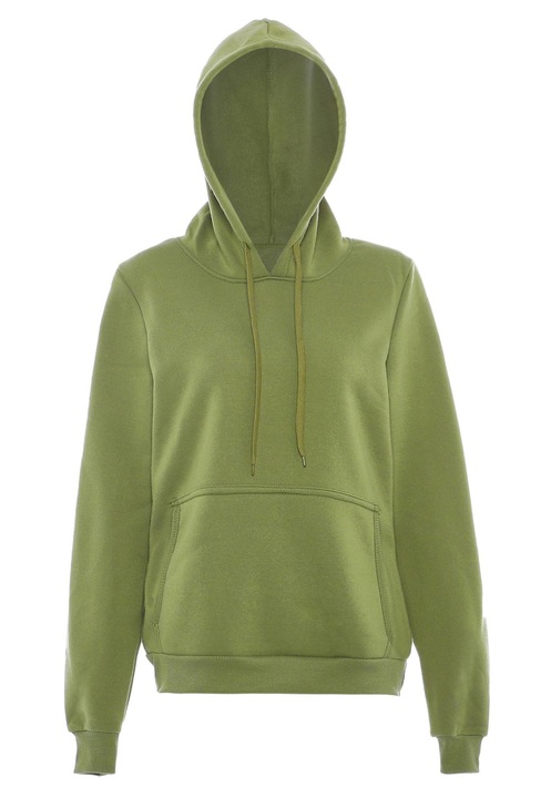 CALEY női pulóver, zöld, 100% poliészter anyag, kapucnival és kenguru zsebbel, XS INTL