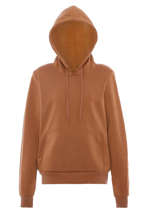 Női kapucnis pulóver CALEY, barna, poliészter anyag, kapucnival és kenguru zsebbel, XS INTL