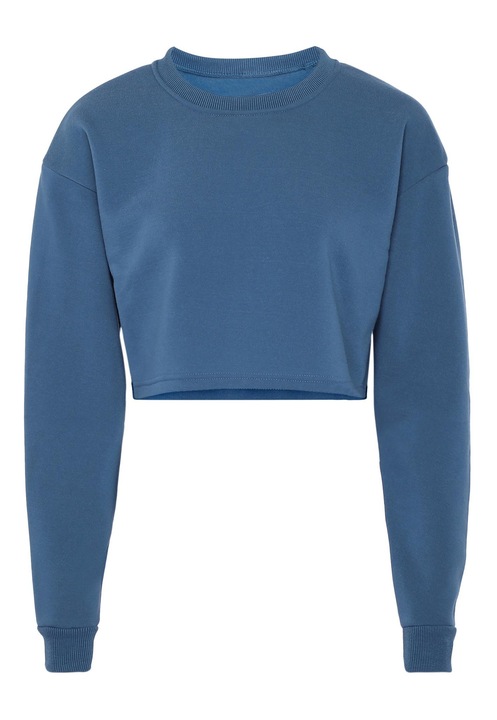 Női CALEY kapucnis pulóver, rövid, kék, puha anyag, laza szabás, XS INTL