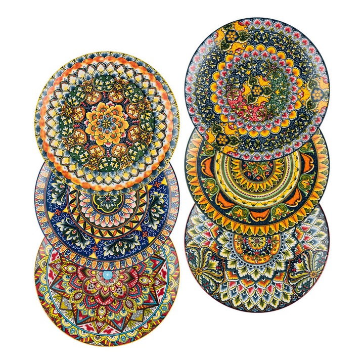 Set de farfurii Henten Home pentru cina, 6 bucati, farfurie din portelan de 10,5 inch, vase colorate boeme pentru servire in bucatarie, paste, salate, decorative, sigure pentru microunde