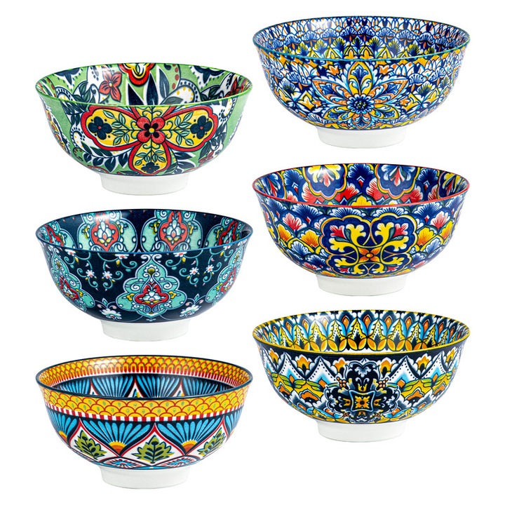 Set de 6 boluri HENXFEN LEAD Boho pentru cereale si supa – 700 ml Bol ceramic colorat pentru bucatarie, perfect pentru fulgi de ovaz, paste, salata, desert, fructe – Compatibil cu cuptorul cu microunde si masina de spalat vase