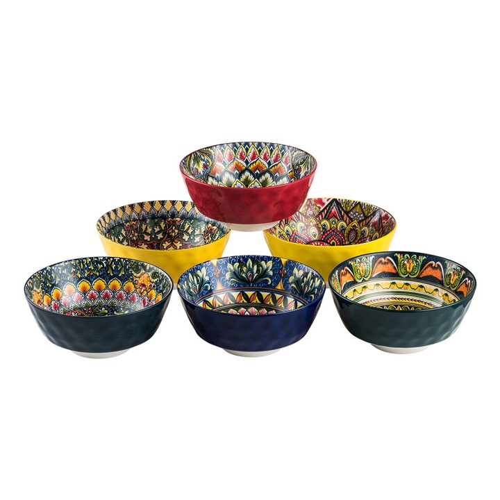 Set de 6 boluri de supa din ceramica Henten Home, set de boluri de cereale din portelan de 740 ml, boluri de servire colorate in stil boem pentru salata, paste, fulgi de ovaz, sigure pentru cuptorul cu microunde si masina de spalat vase