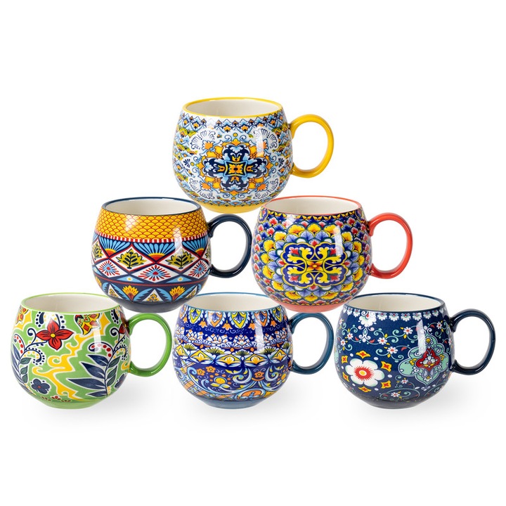 Henten Home 6 darabos kerámia kávéscsésze készlet, 590 ml, színes kávéscsészék fogantyúval, Boho porcelán bögre Cappuccinohoz, Lattehoz, Teához, Forró csokoládéhoz, Mikrohullámú sütőben és mosogatógépben is biztonságos