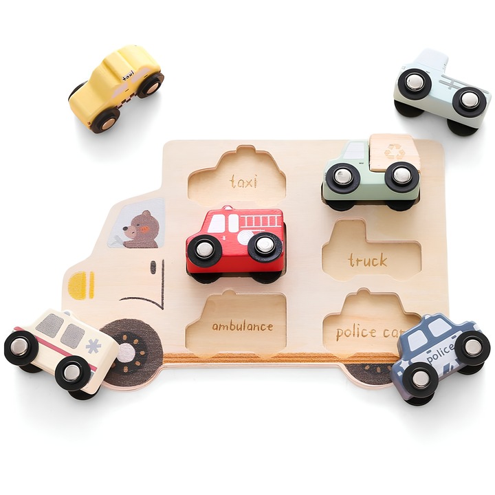 Puzzle educativ 3D din lemn cu vehicule, Arelair Magic Box®, jucarie Montessori pentru copii de la +1 ani, 6 masini colorate, cu ambulanta, taxi, pompieri, politie, dezvoltare cognitiva si motricitate fina, vopsea non-toxica, cadou baieti si fete