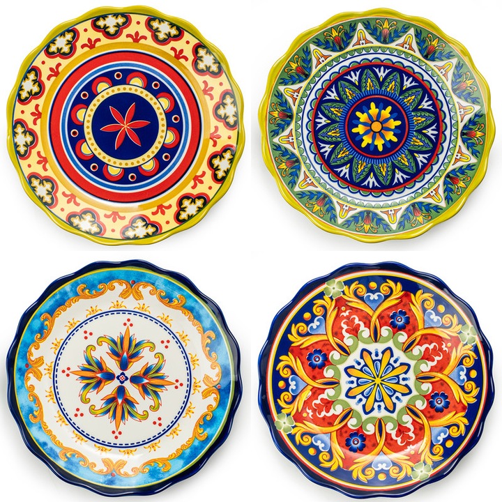 UNICASA 4 darabos kerámia tányérkészlet, 10,5 hüvelykes porcelán tészta tányérkészlet – Saláta, steak tálaló tányérok, színes boho dekoráció, mikrohullámú sütőben és mosogatógépben is biztonságos