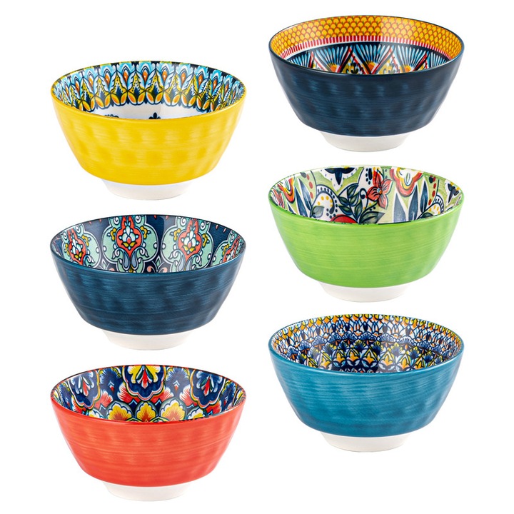 Set de 6 boluri din ceramica HENXFEN LEAD pentru cereale, supa - 740 ml Boluri de servire din portelan pentru cina, paste, salata, fulgi de ovaz, sigure pentru cuptorul cu microunde si masina de spalat vase - Stil boem