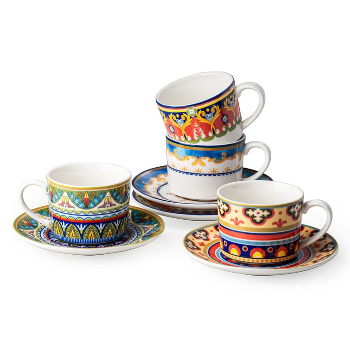 Cana de cafea ceramica UNICASA cu farfurioare, cani colorate de 170 ml cu vase, set de 4 cani din portelan pentru Latte, Cappuccino, Ceai, stil Boho, sigure pentru microunde si masina de spalat vase