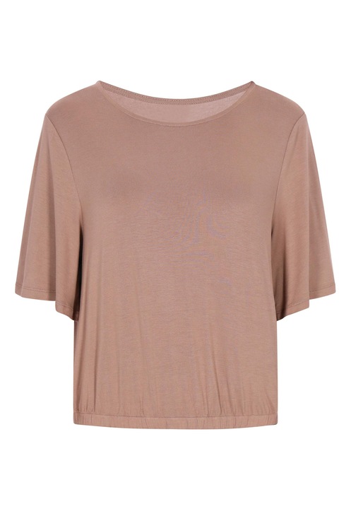 CALEY női blúz, kerek nyakú, rövid ujjú, bézs, puha anyagból, XS INTL