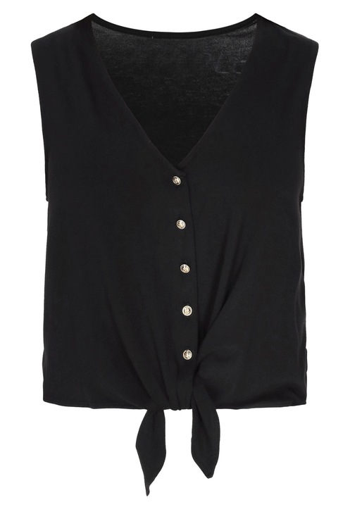 CALEY női felső, fekete, regular szabású, V-nyakú, fodros szoknyás, kötött anyag, XS INTL