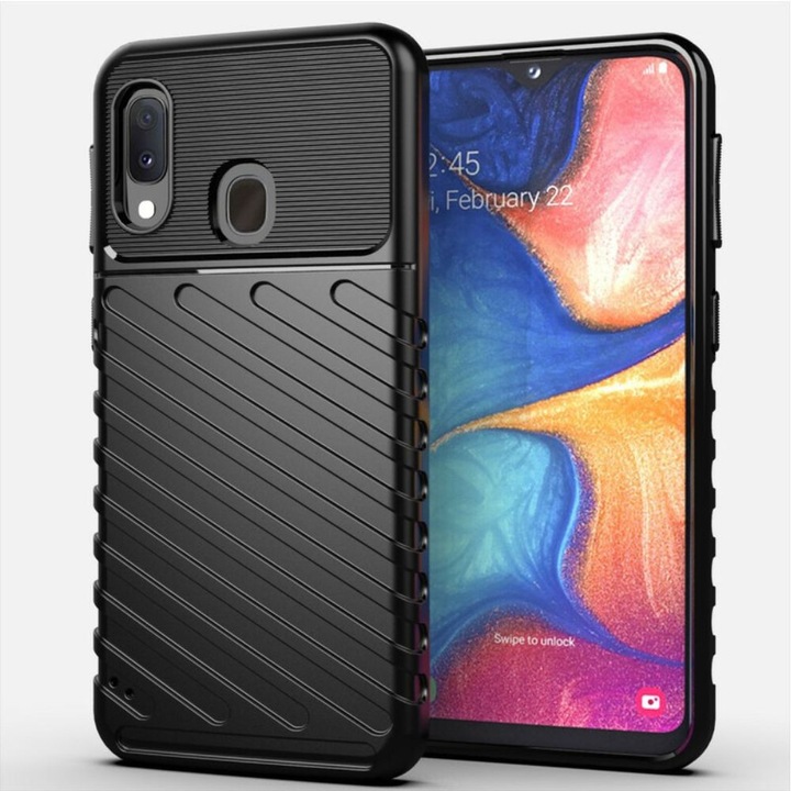 Husa Carbon Design, pentru Samsung Galaxy A20e, rezistenta la socuri, Shield Thunder, Negru
