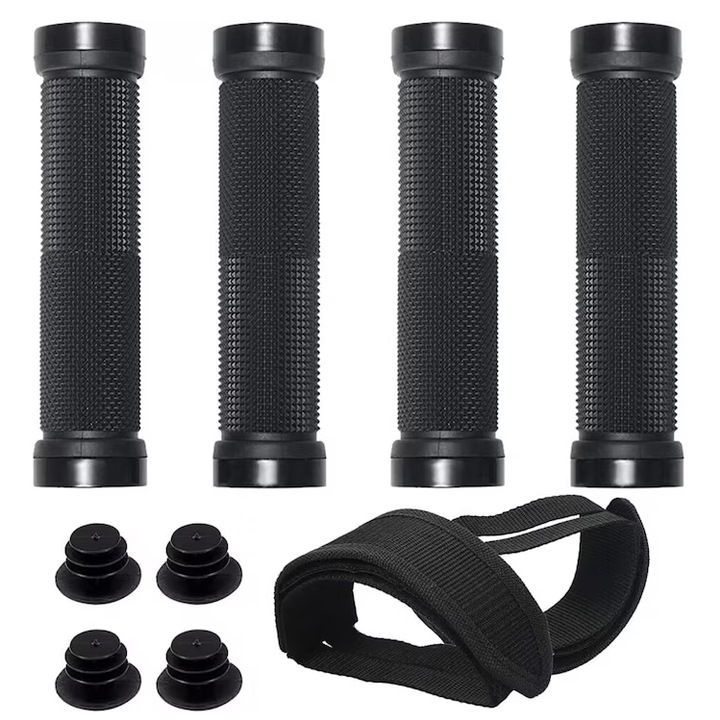 Set 6 piese, 4 mansoane cu capace pentru bicicleta si 2 curele pentru pedale Lopotin, cauciuc, textil, negru