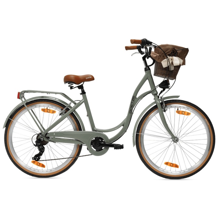 Bicicleta de oras Goetze Mood 26", cadru aluminiu 17", design retro, frane V-Brake, 6 viteze Shimano Tourney, cos pe ghidon