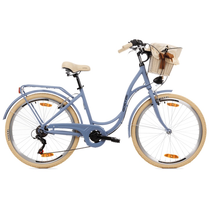 Bicicleta de oras Goetze Mood 26", cadru aluminiu 17", design retro, frane V-Brake, 6 viteze Shimano Tourney, cos pe ghidon