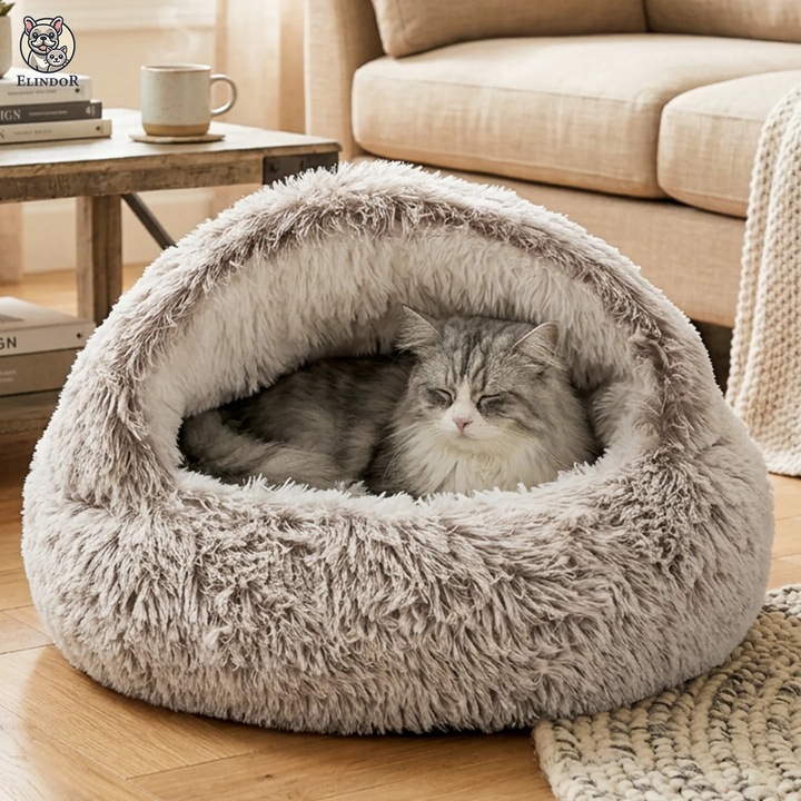 Удобно легло за кучета и котки Elindor® Кръгло, меко противоплъзгащо легло, подходящо за малки и средни кучета и котки, идеално за всеки сезон, вкъщи, 60 × 60 × 16 см, бяло, бежово