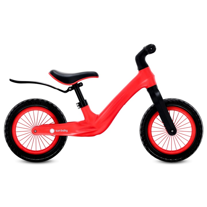 Gyermek futóbicikli sport, nylon váz, EVA kerekek 12 hüvelyk, könnyű, állítható, hátsó sárvédővel, piros, 2 év