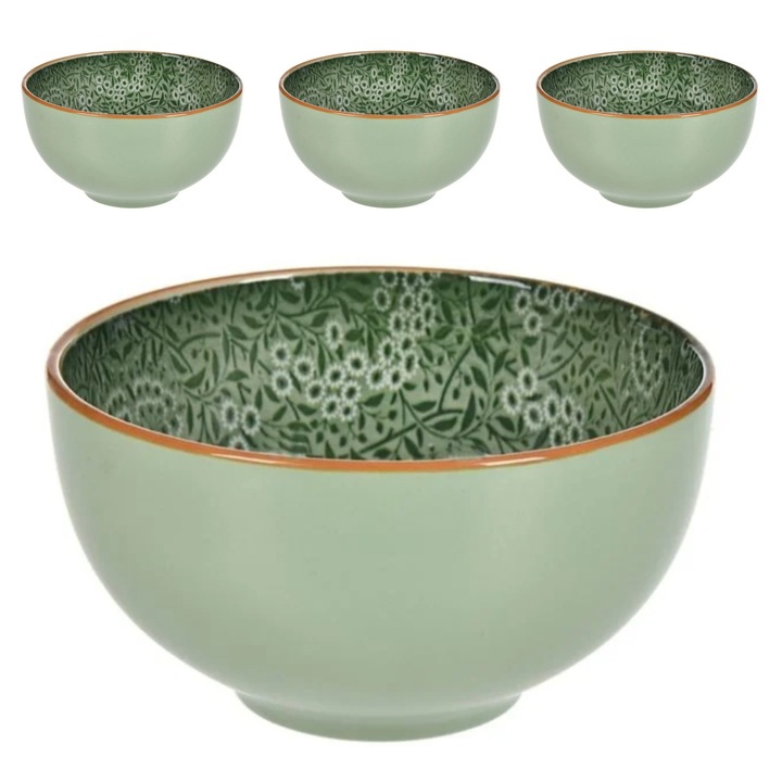Set 4 boluri din portelan, new bone verde menta, cu model floral in interior si margine maro, 420ml, 12x6.5cm