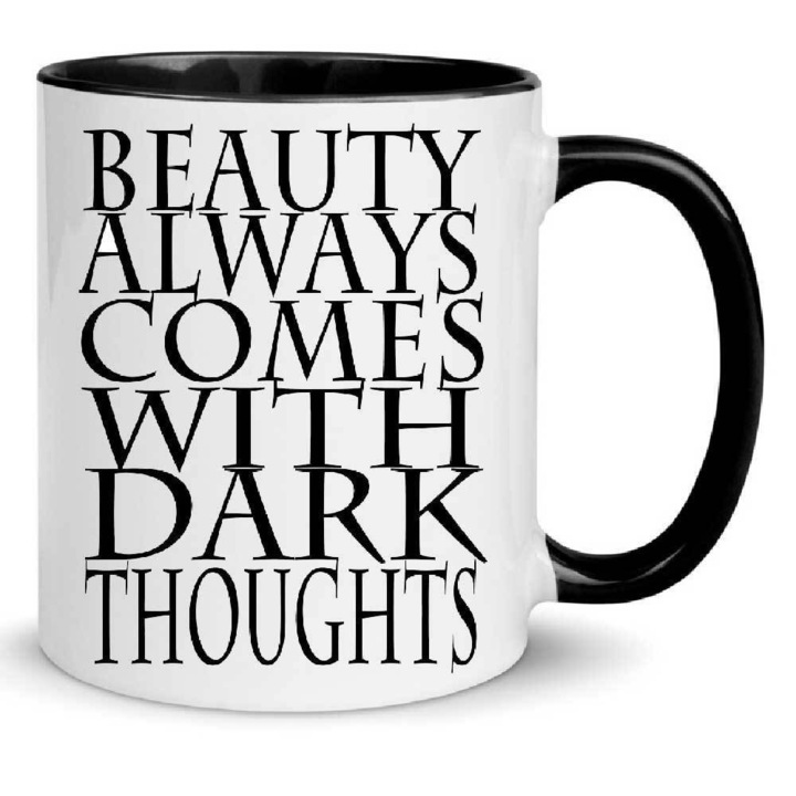 Cana ceramica Nightwish Band Mug No1 330ml alb si negru, design "Beauty Comes With Dark Thoughts", ergonomic, rezistent la masina de spalat