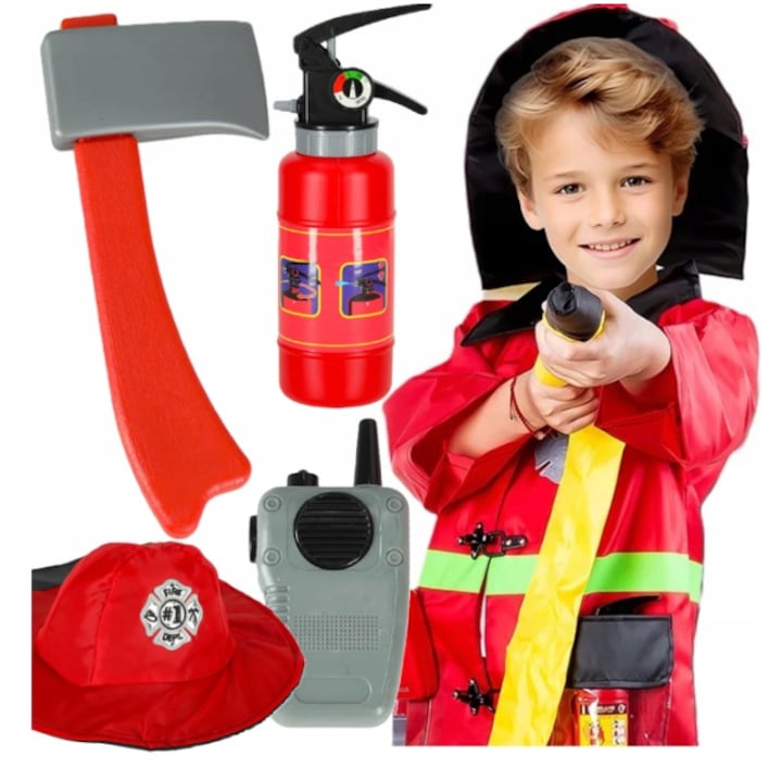 Set Costum Joaca de erou Pompier, 6 piese si accesorii, perfect pentru orice moment de joaca, Materiale moi si confortabile, 3-8 ani, Rosu