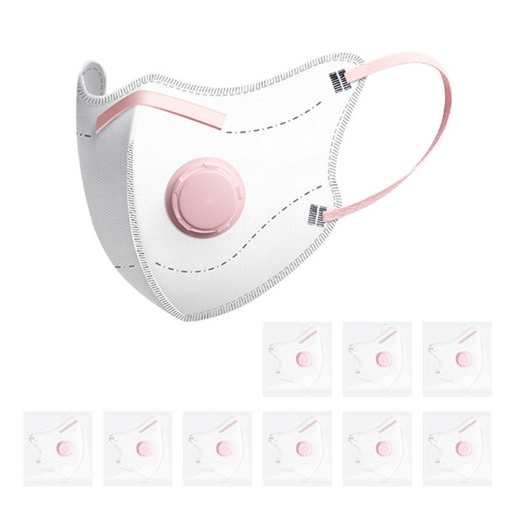 Set 10 Masti protectie faciala KP95 cu Carbune activ, NAXSIR, Filtrare cu 8 straturi, 1 Valve, Profesional, Pentru femei insarcinate, Alb/roz