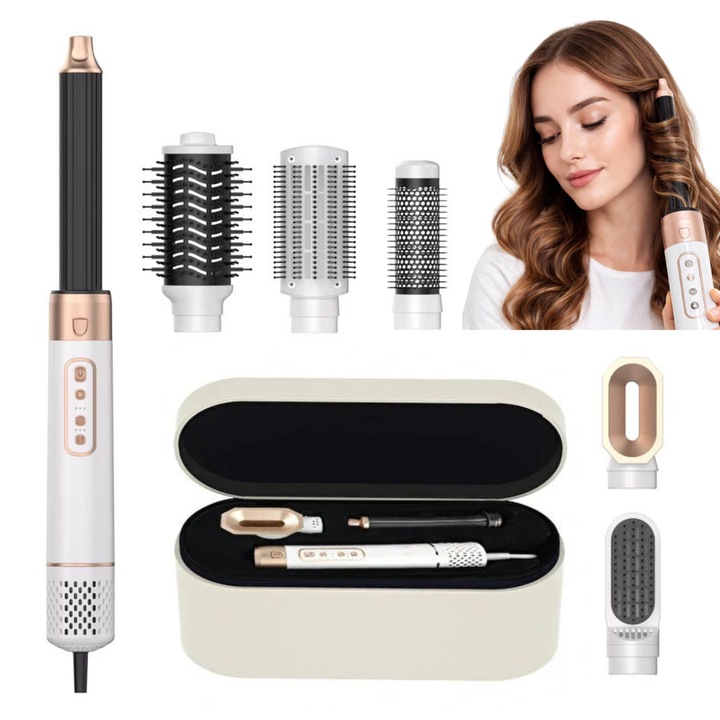 Мултифункционален уред за къдрене 6 в 1 ANGAVO©, Професионален стайлер за коса с горещ въздух, 6 приставки, Перфектни къдрици, Обем, Изправяне, Бързо сушене, Регулируема температура, Студен въздух, Бял