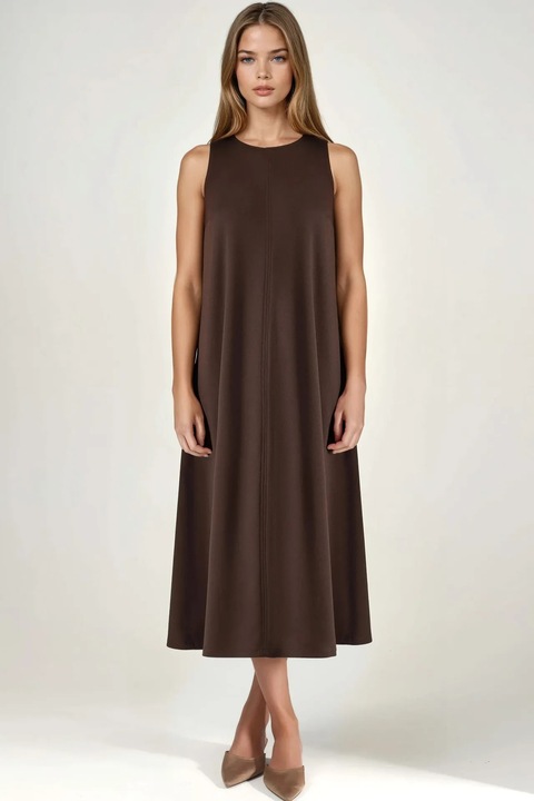 Rochie Midi, HiCCUP, croiala lejera, guler rotund, maro, tricot