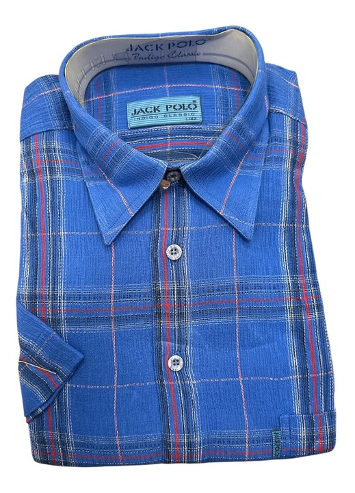 Sötétkék, sokszínű, vékony csíkos kockás férfi ing, rövid ujjú, pamut-poliészter, L 41-42 méret