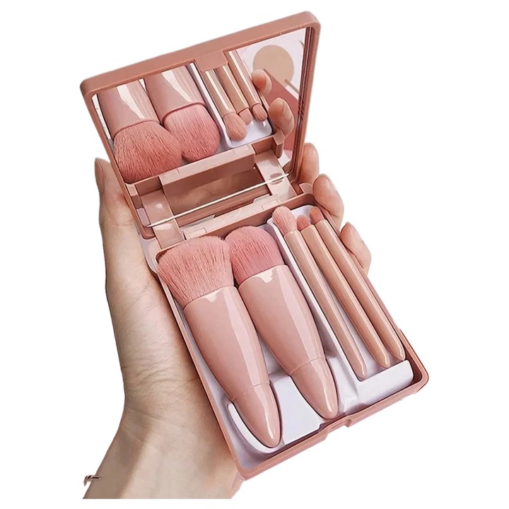 Set de 5 pensule de machiaj portabile cu oglinda, pensula pentru pudra, pensula pentru blush, pensula pentru fond de ten, pensula pentru fard de pleoape, pensula pentru amestecare