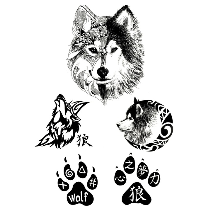 Tatuaj temporar, Flash Tattoos Romania, Shaman Wolf, rezistent la apa, 21 x 15 cm