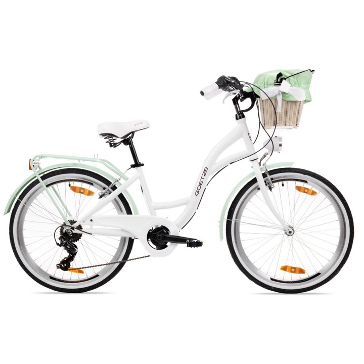 Bicicleta de oras pentru fete Goetze Mood 24", cadru 14", design retro, frane V-Brake, 6 viteze Shimano Tourney, cos pe ghidon