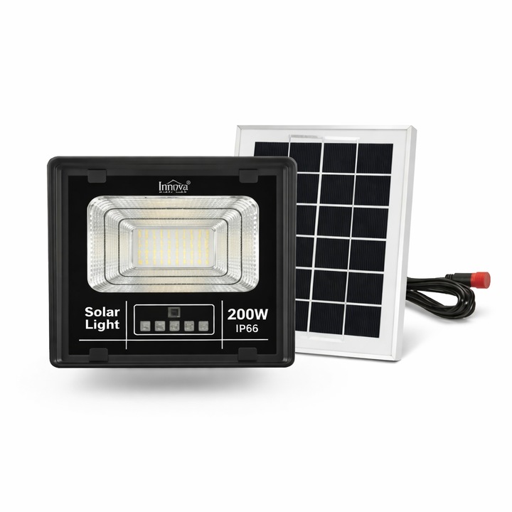 Proiector Solar LED Innova 200W, 6500K Alb Rece, Telecomandă, IP66, Dimensiuni 25.5x6.3x22.5cm