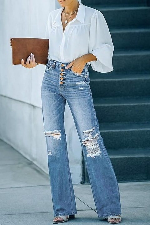 Blugi dama, Roskiky, talie inalta, evazati, albastru deschis, marime XL