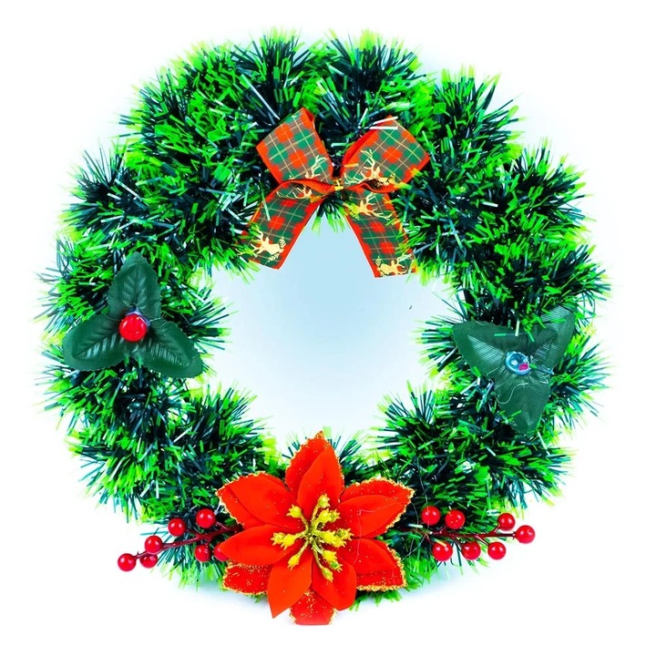 Coroniță de Crăciun, artificială, ornamente colorate, roșu-verde-auriu, 30cm