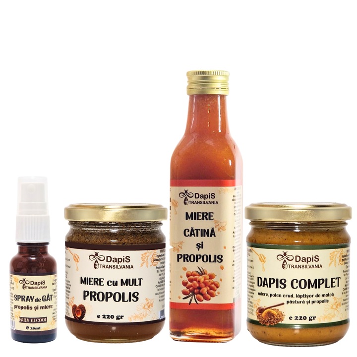 Pachet imunitate Dapis Transilvania, cu propolis, miere, sirop de cătină, spray de gât, 220gr + 200gr + 250ml