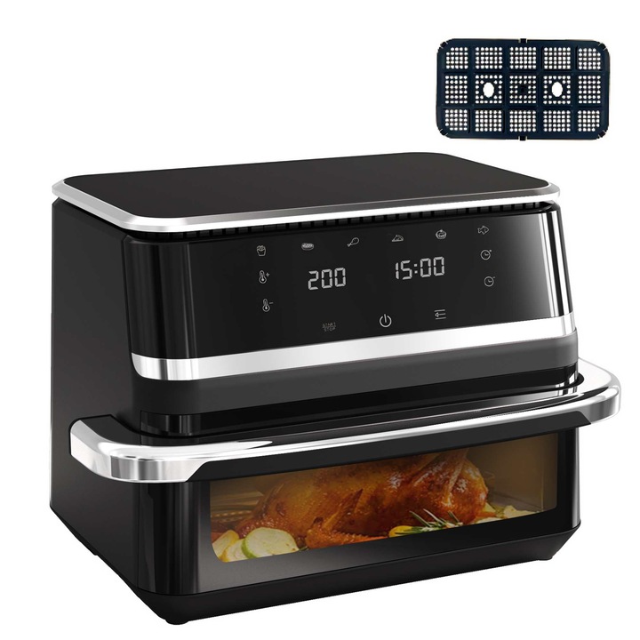 Friteuza cu aer cald, Aiorber, Sertar cu geam transparent, Capacitate 12 L, temperatura reglabila 80-200°C, ecran tactil, cu temporizator, 6 programe, 2000W, Negru