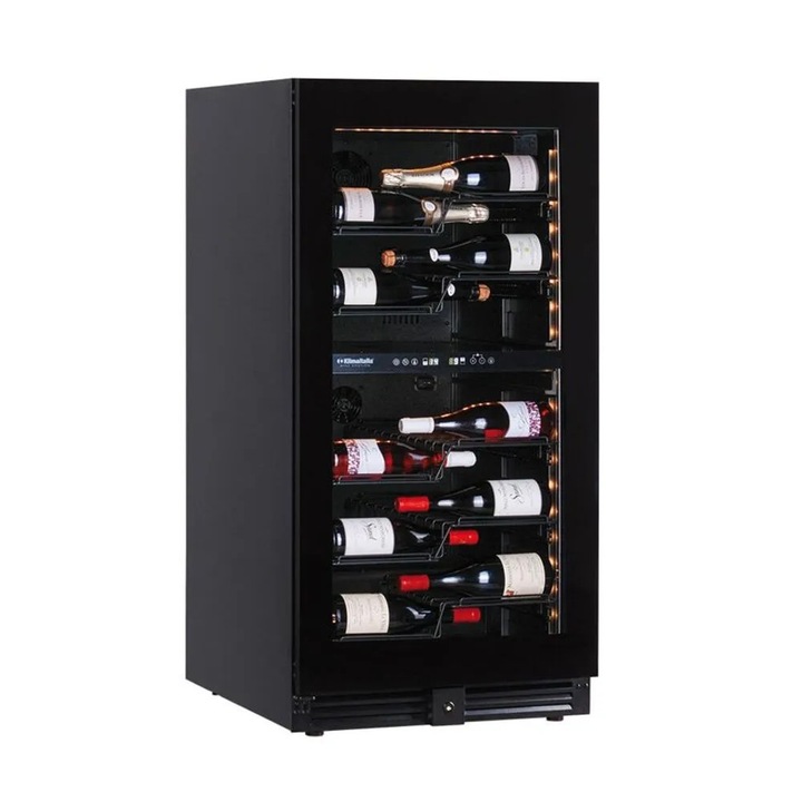 Racitor de vin incorporabil premium cu 2 zone de racire KlimaItalia, 56 sticle, 60x120 cm, 5 rafturi metalice zig-zag, tehnologie cu compresor, racire ventilata, temperatura reglabila 2-12°/12-20°C, protectie UV, dezghetare auto, rafturi culisante, negru