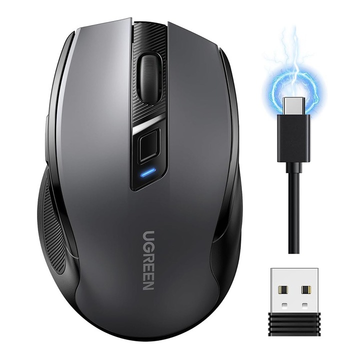 Mouse reincarcabil Ugreen MU006S, Conexiune 2.4G, USB, Ergonomic si Portabil, Bluetooth 5.4, 2.4Ghz, Click silentios, 800-4000DPI, 500mAh, Negru