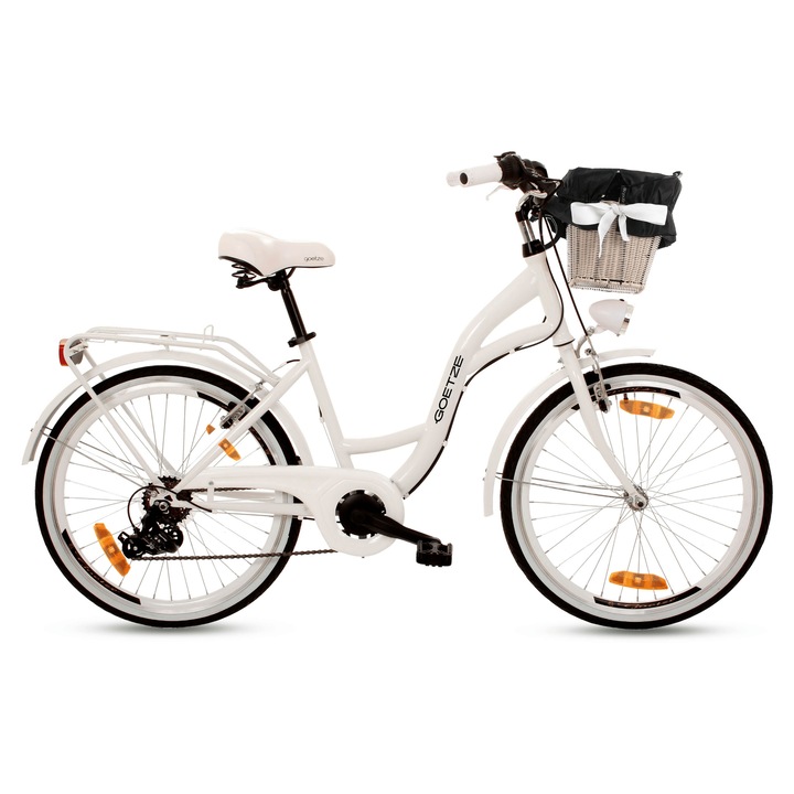 Bicicleta de oras pentru fete Goetze Mood 24", cadru aluminiu 14", design retro, frane V-Brake, 6 viteze Shimano Tourney, cos fata