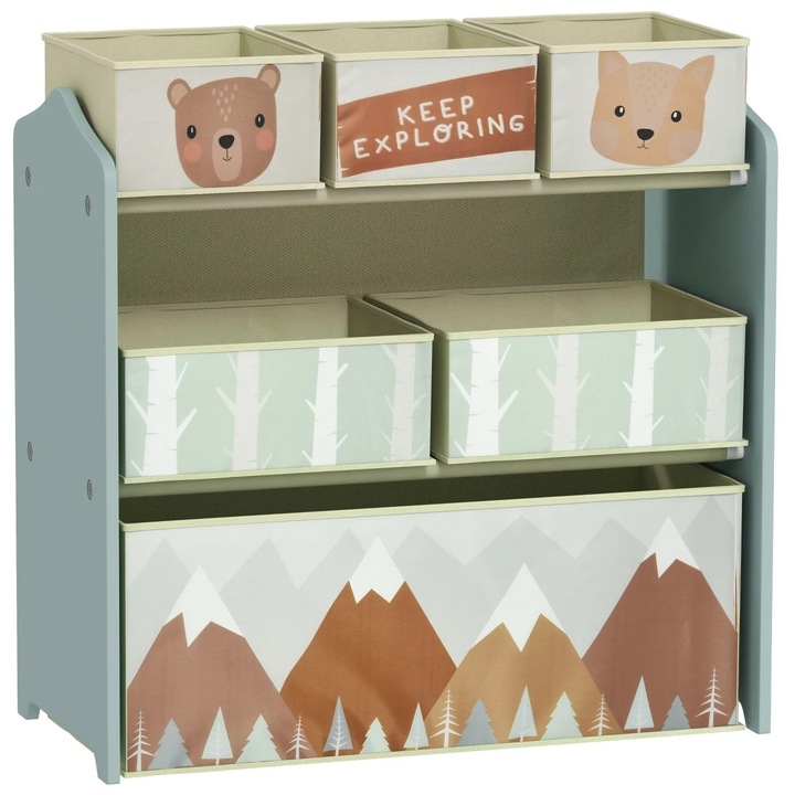 Raft pentru depozitarea jucăriilor, Karll, multicolor, 63x30x66cm, MDF/metal/textil, set cu 6 recipiente