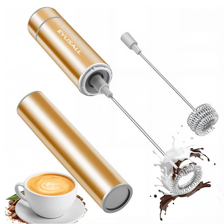 Spumator de lapte portabil, EYUSALL, Alimentat de 3 baterii (nu sunt incluse), Cu 2 mixere electrice din otel inoxidabil, Potrivit pentru cafea, latte, ciocolata calda, pudra proteica etc