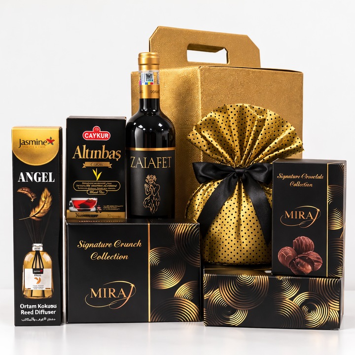 Pachet cadou Miraj Signature, vin rosu demisec, panettone cu ciocolata, cutie cadou