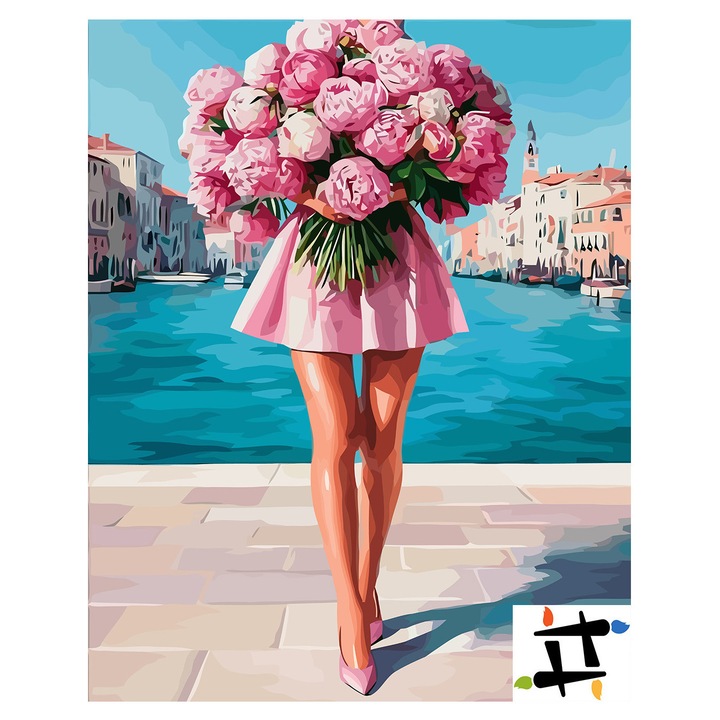 Set pictura pe numere, Bujori si marea 6634, panza bumbac, 40x50cm, include 3 pensule si vopsea acrilica