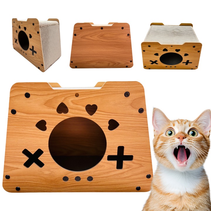 Ansamblu de zgariat pentru pisici cu casuta, din carton, pentru zgariat si odihna, model inimioare