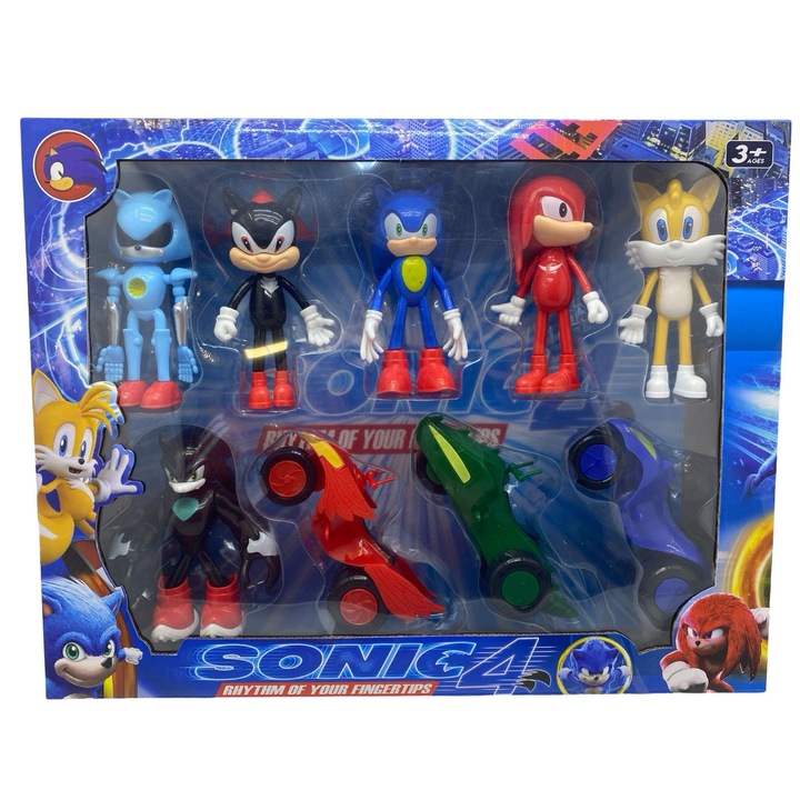 Set figurine Sonic cu masini, 6 figurine & 3 masinute, inaltime 10 cm, plastic, multicolor