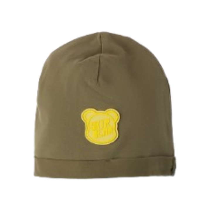 Caciula baieti iDO din bumbac elastic verde kaki, cu aplicatie decorativa